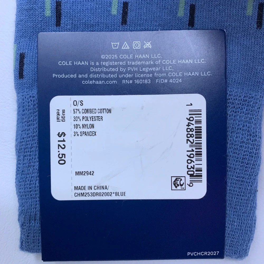 Cole Haan Mens 7-12 Blue Dash Pattern Combed Cotton Blend Dress Crew Socks NWT
